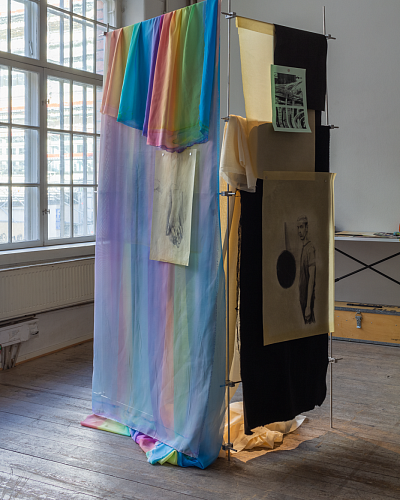 Die Kehre (The Turn), Mixed media installation with paintings, drawings, painted textiles, oiled papers hanged on metal tube construction. 200 x 110 x 66 cm